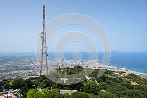 View from the Erice on the communication towers of cellular communication and the coast of Sicily