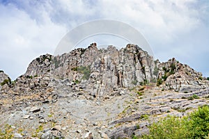 View eroded rocks of Demerdzhi Mountain from park photo