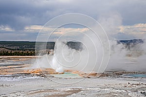 View of eruption of Clepsydra Geyser in forest at Yellowstone national park