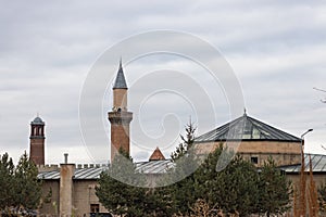 View of Erzurum Ulu Mosque and historic Castle Clock Tower in Turkey photo