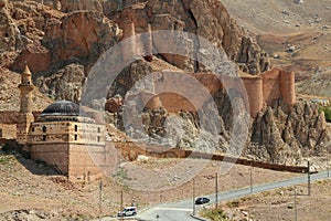 View of Eski Bayezid Cami Mosque and Dogubayazit Kalesi Castle near Dogubayazit, in Eastern Anatolia region, Turkey