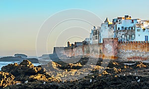 View on Essaouira city, ancient port. Old fortress near ocean