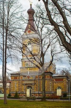 View of the Estonian Apostolic Orthodox Parnu Transformation of Our Lord Church. Was built from yellow bricks in 1904 in the