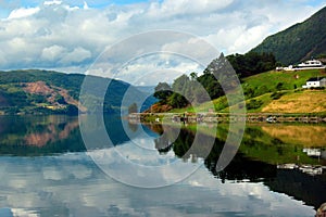 View of Etnefjorden near Etne in Hordaland county, Norway.