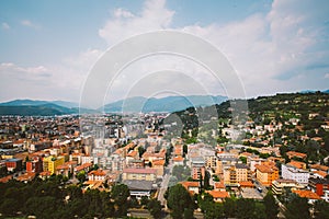 View of the European old town of Brescia in Italy pawnshop in summer