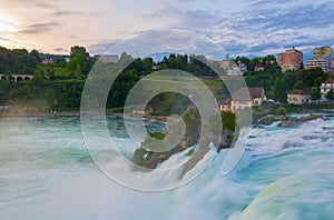 View of the europen biggest waterfall - rheinfall - during sunset near Schaffhausen, Switzerland...IMAGE