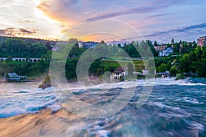 View of the europen biggest waterfall - rheinfall - during sunset near Schaffhausen, Switzerland...IMAGE