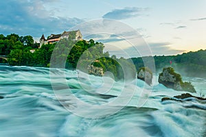 View of the europen biggest waterfall - rheinfall - during sunset near Schaffhausen, Switzerland...IMAGE