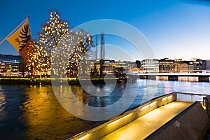 View of the evening embankment of Geneva on Lake leman