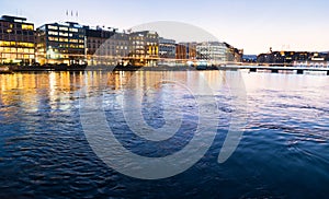 View of the evening embankment of Geneva on Lake leman