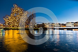 View of the evening embankment of Geneva on Lake leman