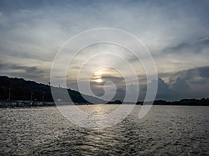 View of evening Kiev and sunset over the Dnieper River