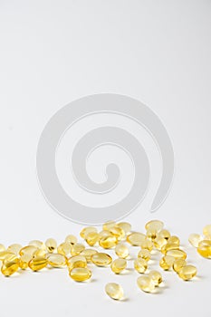 View of evening primrose oil pills on white background