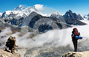 View of Everest from Gokyo Ri with tourist