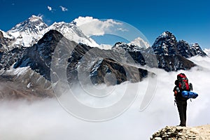 View of Everest from Gokyo with tourist