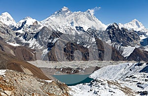 View of Everest, Lhotse and Makalu from Renjo La pass