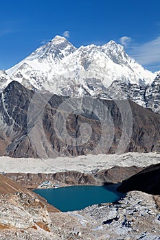 View of Everest, Lhotse, Ngozumba glacier and Gokyo Lake
