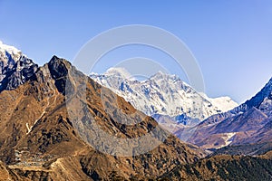 View of Everest and Lhotse Peak from the trekking route to Everest Base Camp in Nepal