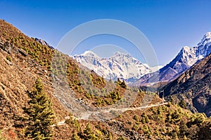 View of Everest and Lhotse Peak from the trekking route to Everest Base Camp in Nepal