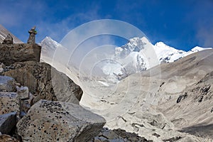 View of Everest Lhotse and Lhotse Shar from Barun valley photo