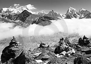 View of everest with stone mans from gokyo ri