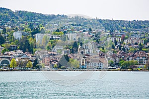 View of Evian-les-Bains city taken from Lake Geneva in France