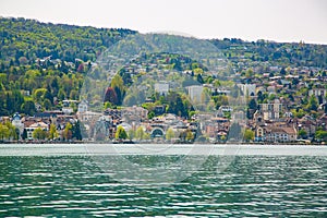 View of Evian-les-Bains city taken from Lake Geneva in France