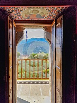 View from the exit of the church of St. Stephen monastery in Meteora, Thessaly, Greece