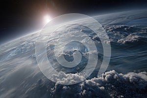 view of exoplanet with active cloudy atmosphere from orbit