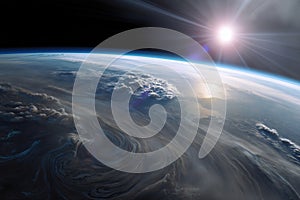 view of exoplanet with active cloudy atmosphere from orbit