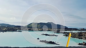 View of the exotic naturview of the Blue Lagoon Spa, with the geothermal power plant and the rest of the Blue Lagoon pool, Iceland