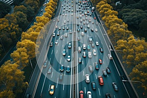 A view of an expressway highway with many moving vehicles moving at high speeds