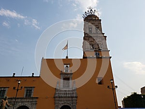 view of exterior facade of a catholic church in Acambaro, Mexico