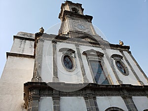 view of exterior facade of a catholic church in Acambaro, Mexico