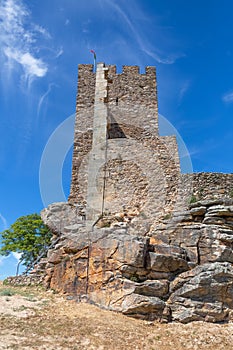 View at the exterior facade tower at Mogadouro Castle, iconic monument building, portuguese patrimony