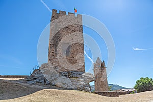 View at the exterior facade tower at Mogadouro Castle, iconic monument building, portuguese patrimony