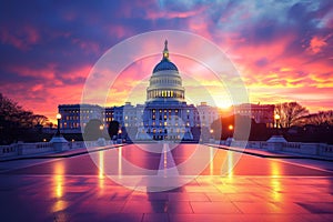View of exterior of United States Capitol building during sunset, Washington DC, United States.