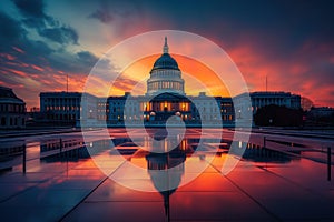 A view exterior of United States Capitol building at sunset in Washington, DC, USA.