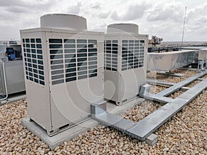 View of exterior VRV air conditioning units, extraction and insufflation, HVAC system, on the building roof