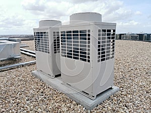 View of exterior VRV air conditioning units, extraction and insufflation, HVAC system, on the building roof