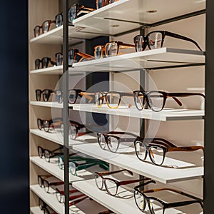 view Eyeglasses showcased in modern ophthalmic store, arrayed on shelves photo