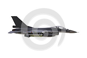 Beside view of F16, american military fighter plane on white background