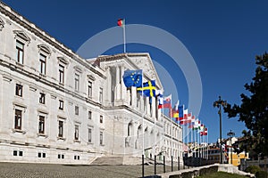 View of the facade of the Assembleia da Republica Portuguese Parliament, with the European union countries flags raised in order