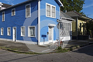 View of the facade of a colourful house in the Marigny neighbourhood in the city of New Orleans, Louisiana