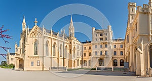 View at the facade of Lednice castle and St.Jakub chapel - Czech republic,Moravia