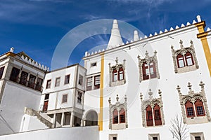 View of the facade of the National Palace of Sintra Palacio Nacional de Sintra with the Manueline style windows