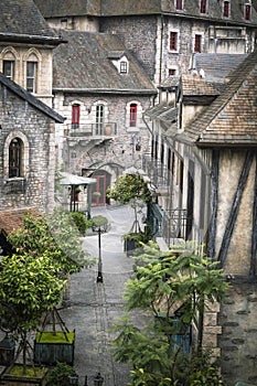 View of the facade of old buildings in the Bana Hills, Danang, French Village, Vietnam