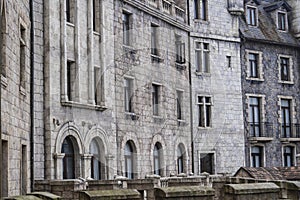 View of the facade of old buildings in the Bana Hills, Danang, French Village, Vietnam