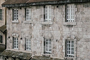 View of the facade of old buildings in the Bana Hills, Danang, French Village, Vietnam