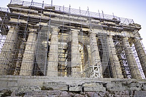 View of the Facade of the Partenon in Athens surrounded by scaffolding, Greece photo